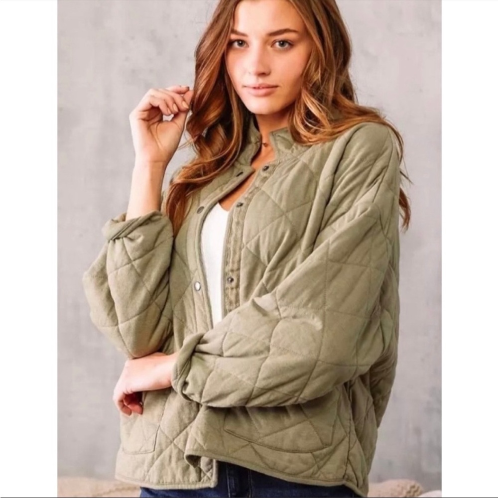 Joie Quilted Utility Snap Front Oversized Army Green Jacket Shacket Size L